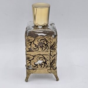 Vintage Ornate‎ Glass Perfume Bottle Gold Tone Metal Wrapped Collectible Bottle
